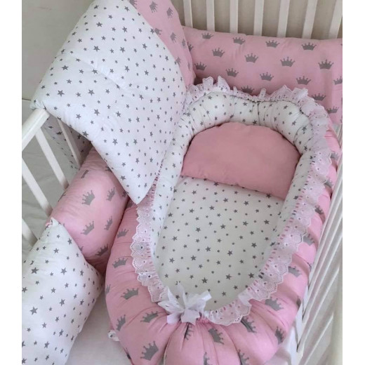 Anett Newborn Baby Bedding Set, Crowns, Pink & Grey