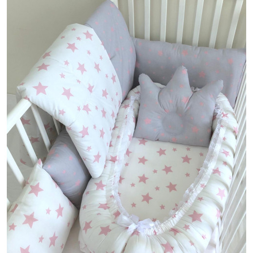 Anett Newborn Baby Bedding Set, Pink Stars, White & Grey