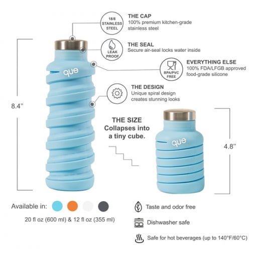Que Collapsible Water Bottle, Iceberg, 590 ml