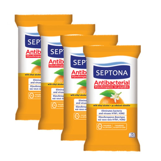 Septona Antibacterial Hand Wipes with Orange Blossom Fragrance, 15 Pieces X4 Packs