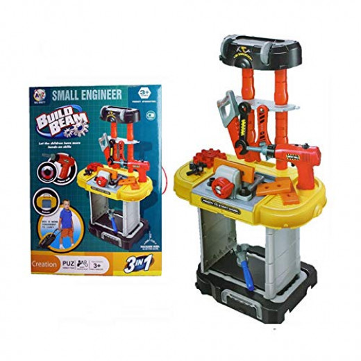 3 in 1 Small Engineer Build Beam Workshop Playset with Travel Luggage Trolley for Kids