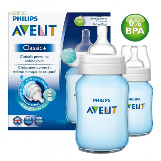 Philips Avent Classic Plus Feeding Bottle 2 Pack 260 ml, Blue