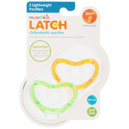 Munchkin Latch Lightweight Pacifier, +6 Months, 2-Pack, Orange &Green