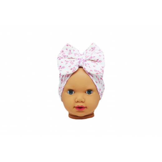 Baby Turban Headband, White with Pink Flowers