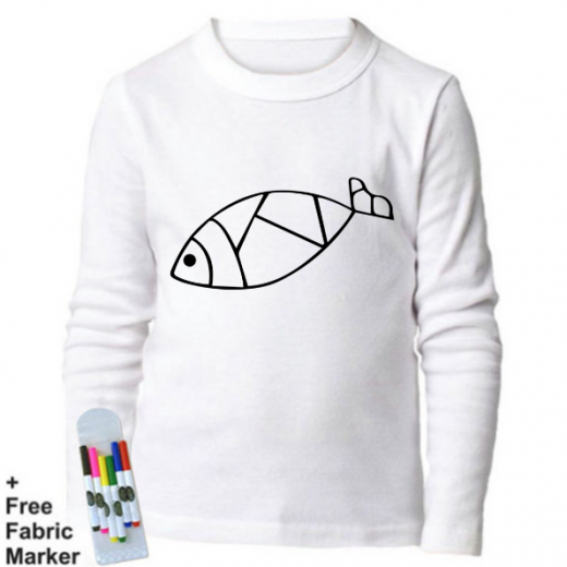 بلوزة ذات أكمام طويلة للتلوين  بتصميم صورة سمكة  للأطفال من ملبس