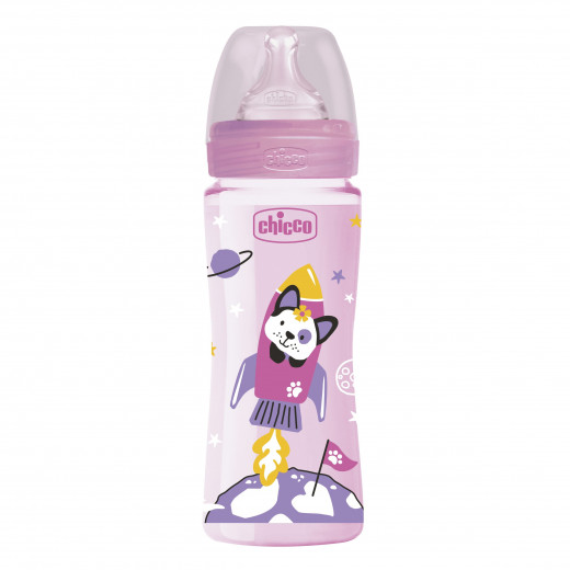Chicco Well Being plastic baby bottle with fast flow silicone nipple, Pink