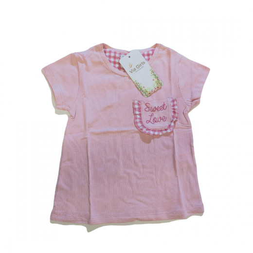 Pink Short Sleeves Girls T-shirt with Sweet Love Design, 12 Months