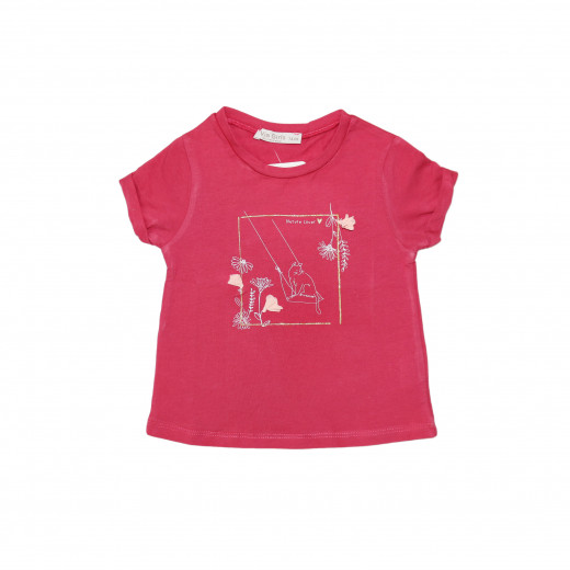 Fuchsia Short Sleeves Girls T-shirt with Nature Lover Design, 18 Months