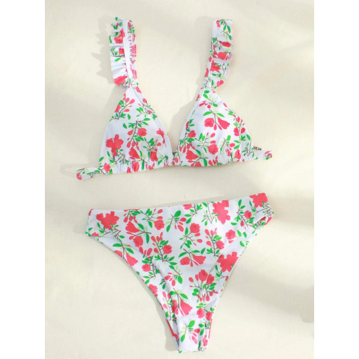 Floral Ruffle Trim Bikini Swimsuit , Small Size