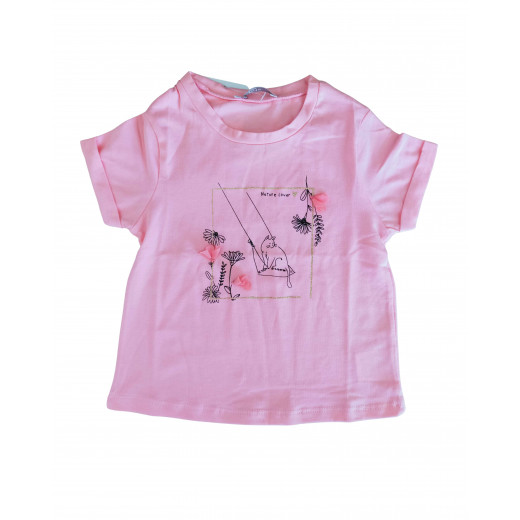 Peach Short Sleeves Girls T-shirt with Nature Lover Design, 9 Months