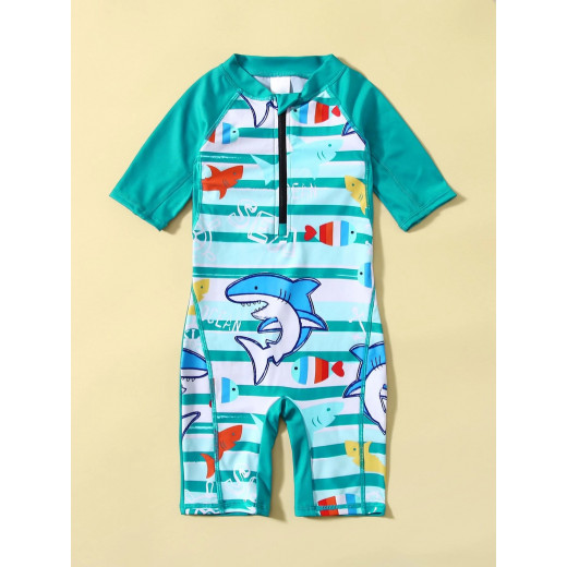 ملابس سباحة من قطعة واحدة للأطفال الصغار مع سحاب بتصميم السمك، من 1-2 سنوات