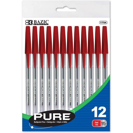 Bazic Pure Red Stick Pen (12 Pen)