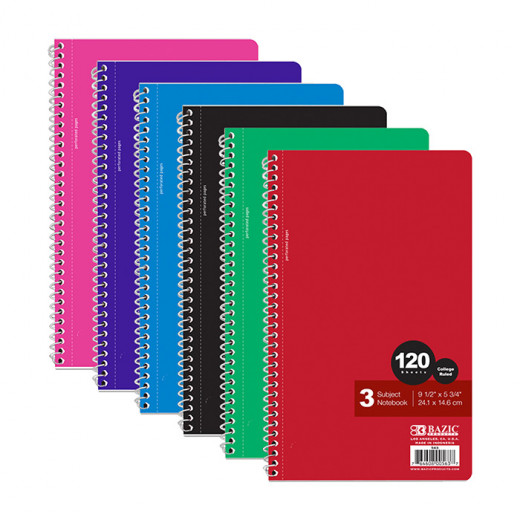 Bazic Sub Spiral Notebook , 120 Sheets, Assorted