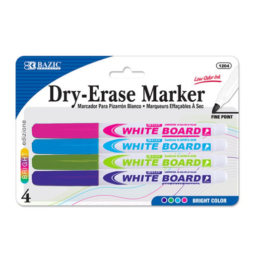 Bazic Bright Color Fine Tip Dry-Erase Marker (4/Pack)