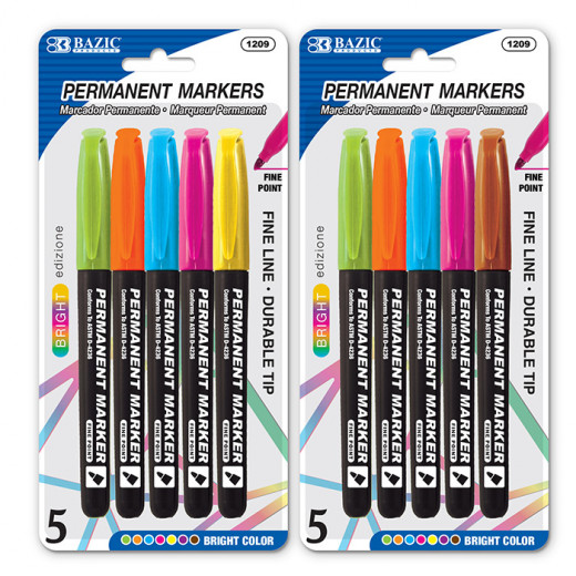 Bazic Bright Colors Fine Tip Permanent Markers With Pocket Clip (5/Pack)