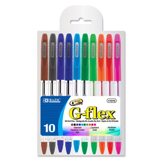 Bazic G-flex Dazzle Oil-gel Ink Pen With Cushion Grip , 10 Colors