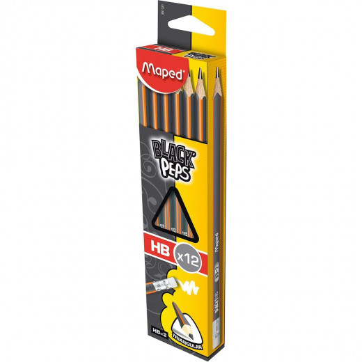 Maped Black Peps Pencils With Eraser Rubber HB, 12 Pieces