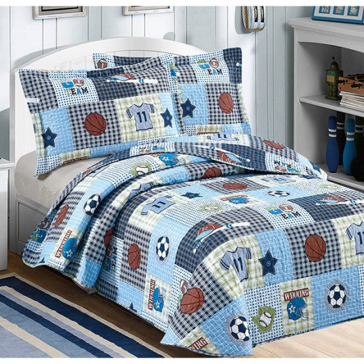 Nova Home Sports Design Bed Spread Set, 4 Pieces, King Size, Grey and Blue Color