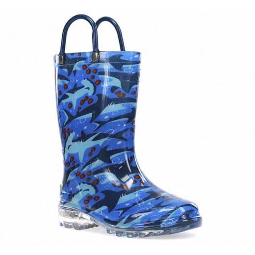 Western Chief Kids Shark Chase Lighted Rain Boot, Blue Color, Size 27