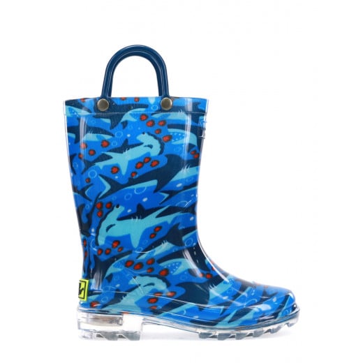 Western Chief Kids Shark Chase Lighted Rain Boot, Blue Color, Size 24