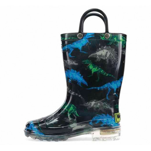 Western Chief Kids Dinosaur Friends Lighted Rain Boot, Black Color, Size 28