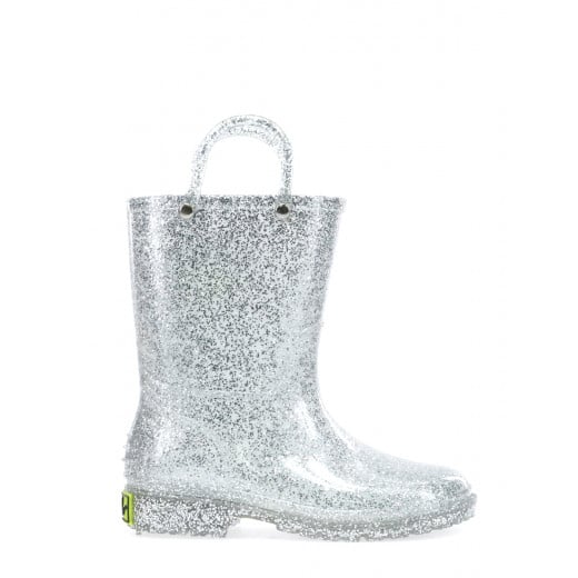 Western Chief Kids Glitter Rain Boots, Silver Color, Size 22