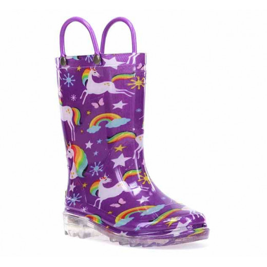 Western Chief Kids Rainbow Unicorn Design Rain Boot, Purple Color, Size 23