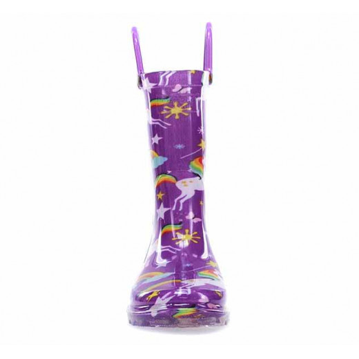 Western Chief Kids Rainbow Unicorn Design Rain Boot, Purple Color, Size 22