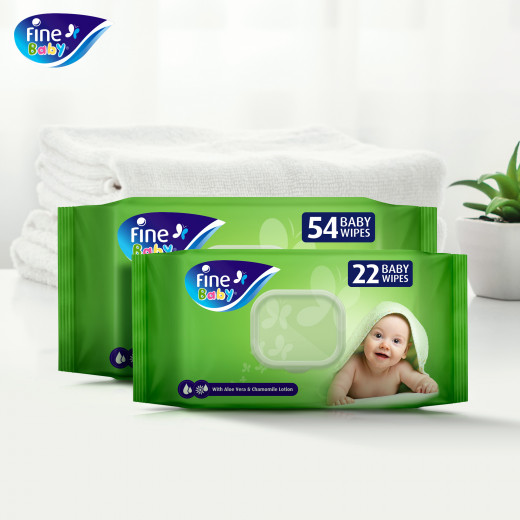 Fine Baby Wet Wipes, with Aloe Vera & Chamomile Lotion, 22 Wipes