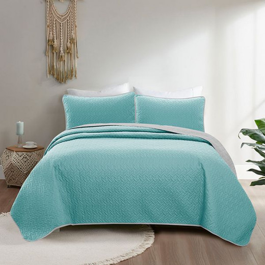 Nova home cross double face bedspread set, turquoise and silver color, king size, 4 pieces 270x250 cm