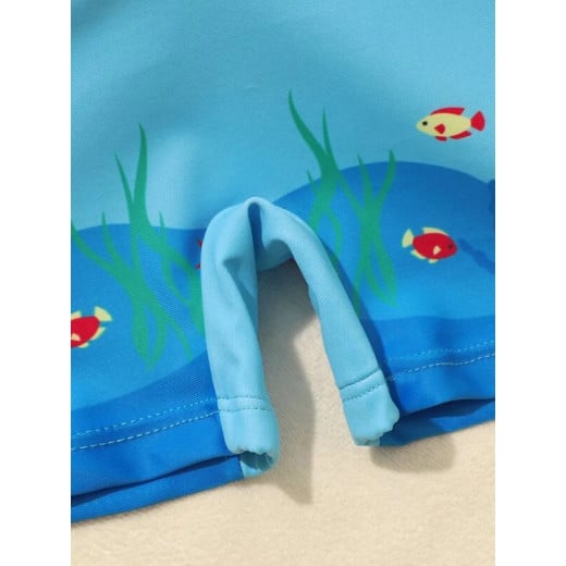 بدلة سباحة للأولاد من قطعة واحدة، مطبوعة بحروف وسمك القرش، باللون الأزرق