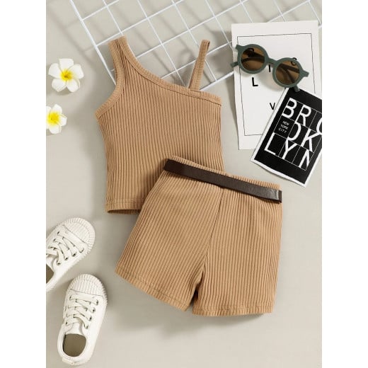 Baby Asymmetrical Neck Tank Top & Shorts & Belt Bag, Brown Color