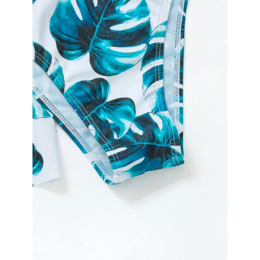 Tropical Print Ruffle Hem Halter Bikini Swimsuit, Blue Color, 2 Pieces