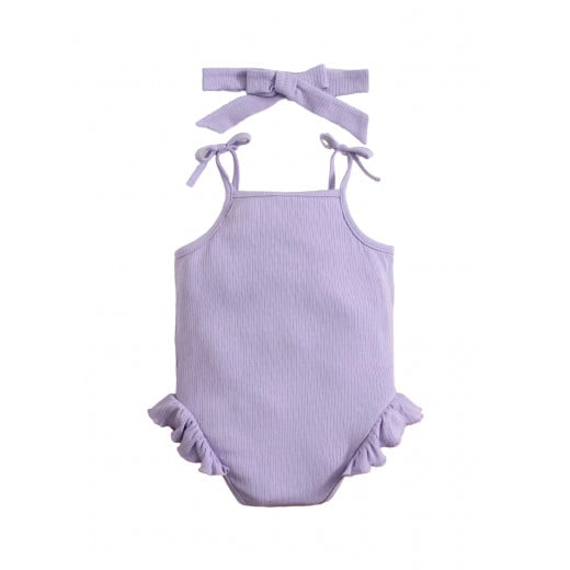 Baby Ruffle Bodysuit  Trim Tie Shoulder With Headband, Purple Color