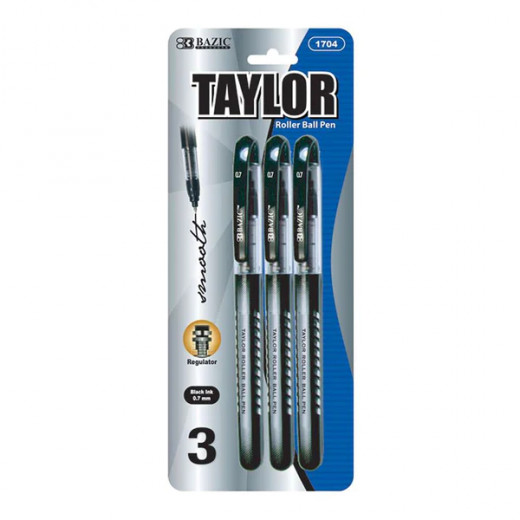 Bazic Taylor Rollerball Pen, Black Color, 3 Pieces