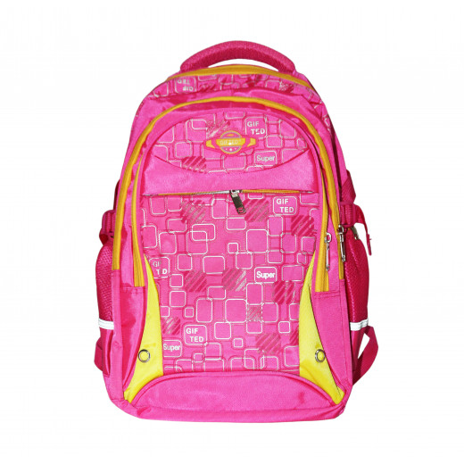 حقيبة مدرسية، تصميم مربعات صغيرة ، باللون الفوشي والأصفر، 43 سم  من أميجو