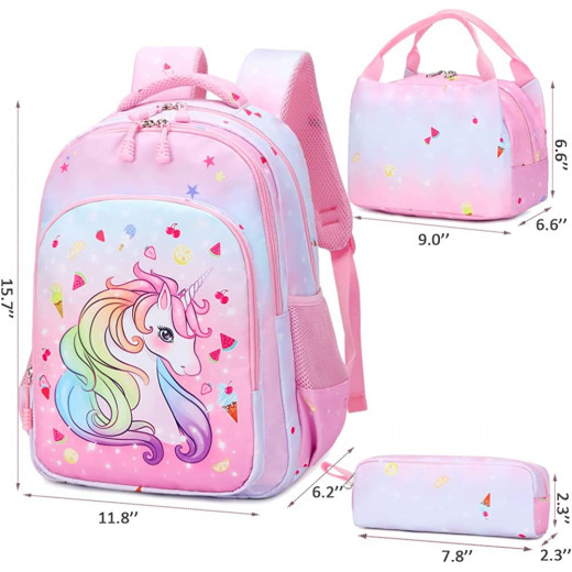 School Pink Rainbow Backpack, Unicorn Design, 3 Pieces