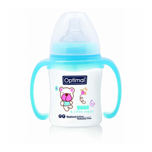 Optimal Wide Neck Baby Bottle With Handle, Blue Color, 180 Ml