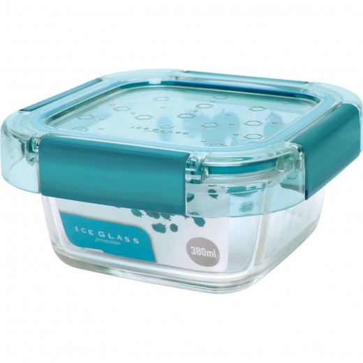 Komax Ice Glass Premium Square Food Storage Container, Blue Color, 380 Ml