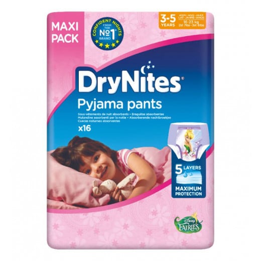 Huggies DryNites Pants Maxi for Girls, 3-5 Years, 16-23 Kg,16 Pieces,  Disney Fairies Design