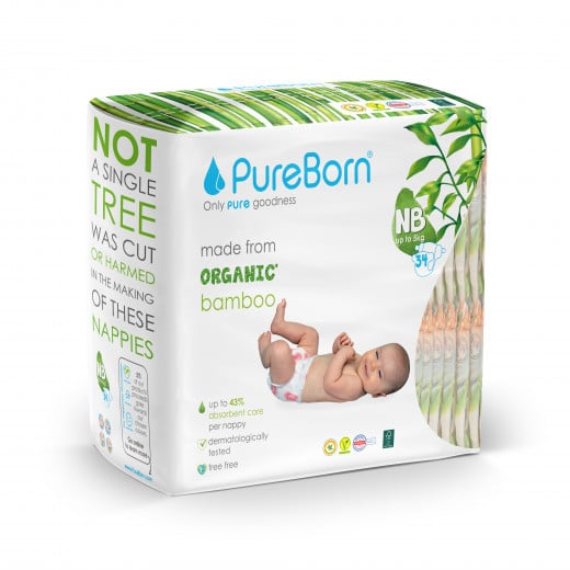 Pure Born Organic Nappies Single Pack, Leopard Design, 34 Pieces + Wet Wipes Sensitive Unscented Baby Wipes, 240 Wipes
