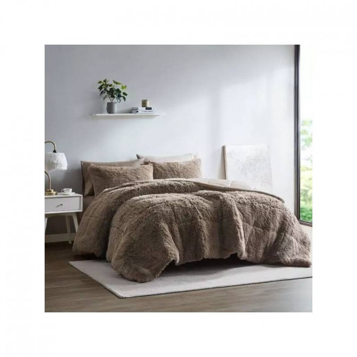 Nova Home Malea Winter Long Shaggy Fur Comforter Set, Brown Color, 4 Pieces