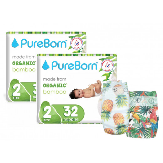 Pure Born Organic Nappies Single Pack, Pineapple Design, Size 2, 3-6 Kg, 32 Pieces + One Pack Tropic Design