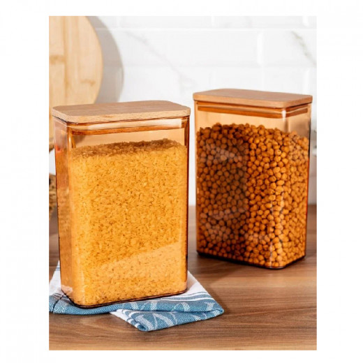Madame Coco Diviera Wooden Lid Storage Container, Amber Color, 2000ml, 2 Pieces