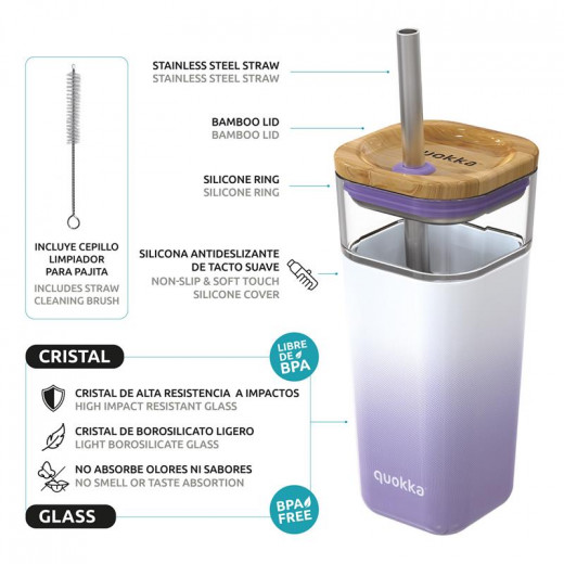 Quokka Glass Tumbler with Steel Straw, Purple Color, 540 Ml
