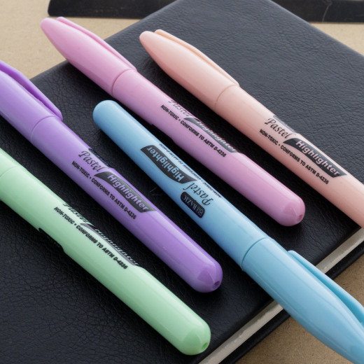 Bazic Pen Style Pastel Highlighter With Pocket Clip, 5 Pack