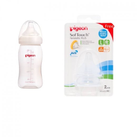 Pigeon Nursing Bottle Wide Neck 240ml, Assorted Color + Pigeon SofTouch Peristaltic Plus Wide Neck Nipple L6  For Free