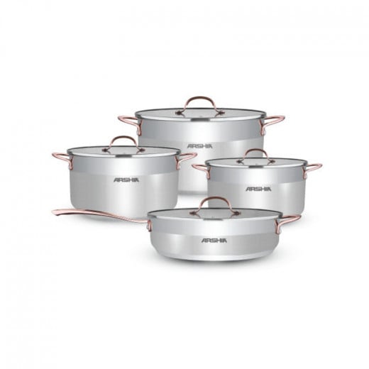 Arshia Premium Double Lid Copper stainless Steel Cookware 8 Piece Set , Interchangable double lid glass and a stailess steel.
