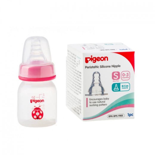 Pigeon Decorated Bottle Slim Neck 50ml  1PC  Pink + Peristaltic Slim Neck Nipple, small For Free