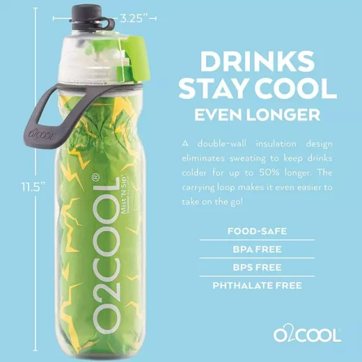O2COOL Mist 'N Sip Misting Water Bottle 2-in-1, Green Color, 592 ml